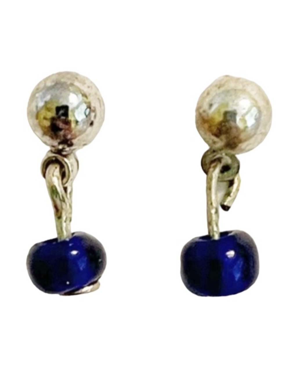 Vintage small dainty silver blue bead drop stud earrings